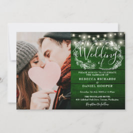 Snoerlampjes Rustic Groen Hout Foto Bruiloft Kaart
