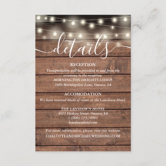Snoerlampjes Rustieke Houten Bruiloft Details Informatiekaartje (Voorkant)
