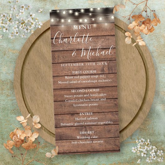 Snoerlampjes Rustieke Houten Trouwmenu Menu
