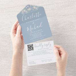Snoerlampjes Stofblauw Schrift QR-code Trouwen All In One Uitnodiging