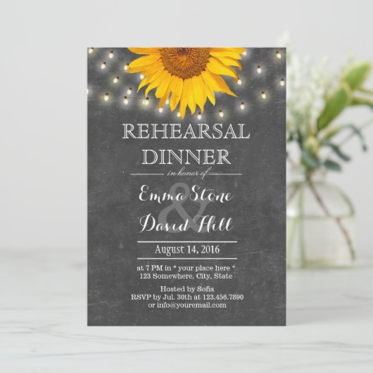 Snoerlampjes & Zonnebloem Proefdinermiddag Huwelij Kaart (Staand voorkant)