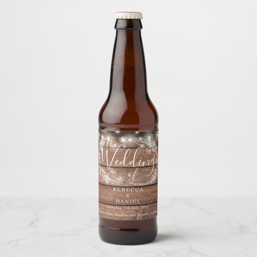 Snoerlichten Bloem Rustiek Houten Bruiloft Bier Etiket (Voorkant)