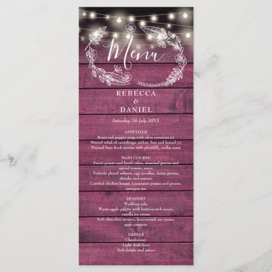 Snoerlichten Bloem Rustiek Rood Houten Bruiloft Menu (Voorkant)