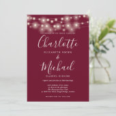 Snoerlichten bordeaux elegante script bruiloft  kaart (Staand voorkant)