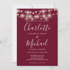 Snoerlichten bordeaux elegante script bruiloft  kaart