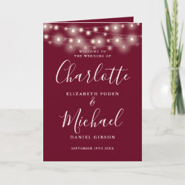 Snoerlichten bordeaux elegante script bruiloft programma