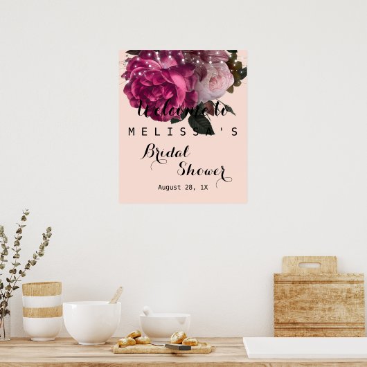 Snoerlichten Burgundy Bloemen bruidsdouche Poster (Keuken)