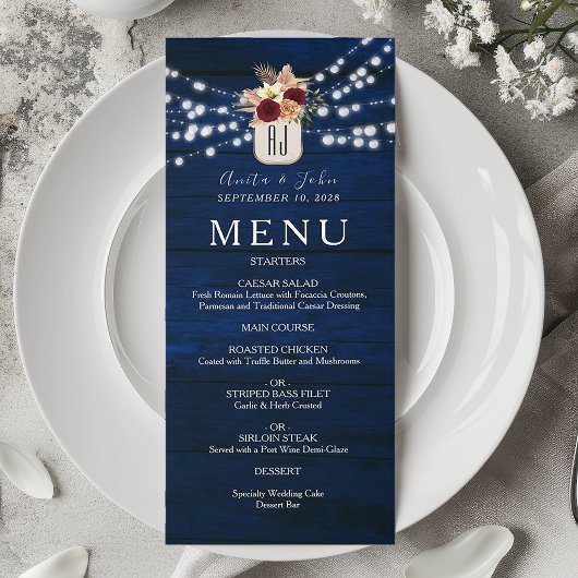Snoerlichten Rustieke Marineblauwe Bruiloft Menu