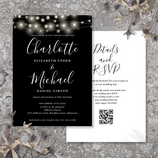 Snoerlichten Script Zwart Wit QR Code Huwelijk Kaart