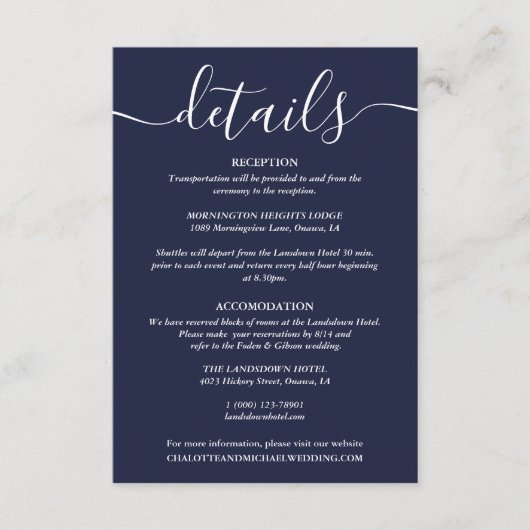 Snoerlichtjes Navy Blauwe Trouwdetails Informatiekaartje (Voorkant)