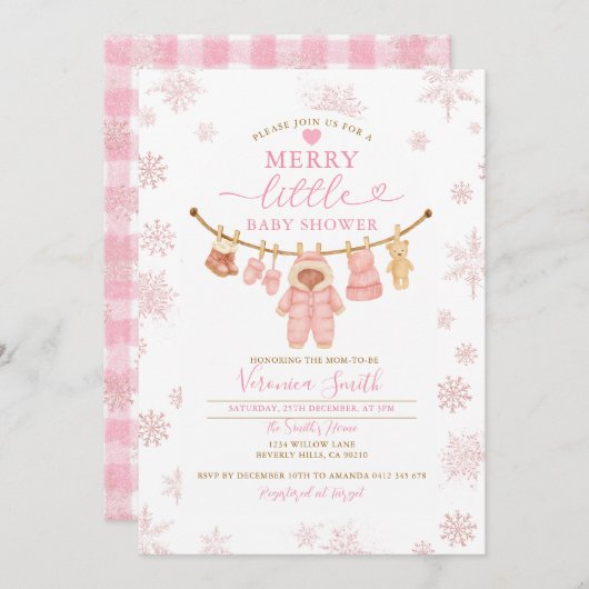 Snonwflakes Clothesline Merry Little Baby Shower Kaart (Voorkant / Achterkant)