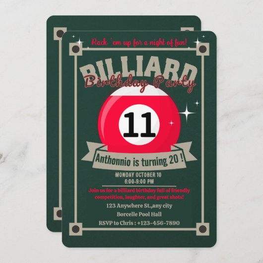 Snooker Nodig Pool Verjaardagsfeest Biljart Ball u Kaart (Voorkant / Achterkant)