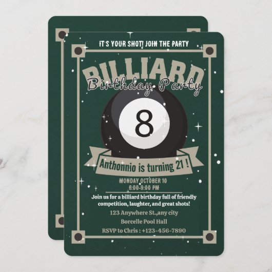 Snooker Nodig Pool Verjaardagsfeest Biljart Ball u Kaart (Voorkant / Achterkant)