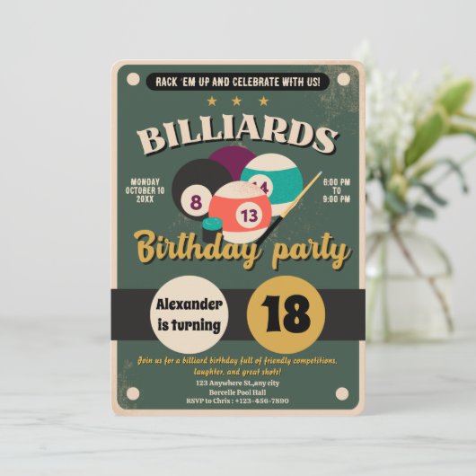 Snooker Pool Verjaardag Party Uitnodiging Biljart (Staand voorkant)
