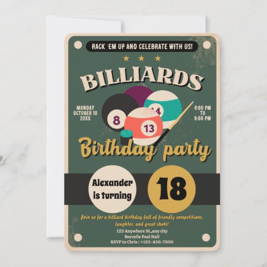 Snooker Pool Verjaardag Party Uitnodiging Biljart (Voorkant)