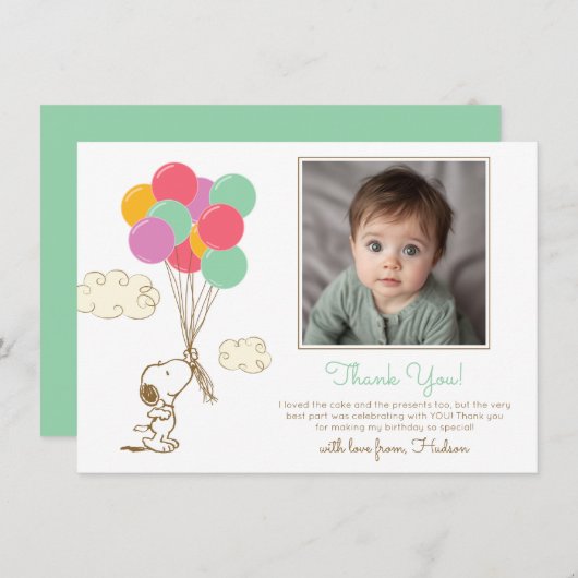 Snoopy and Balloons First Birthday Bedankkaart (Voorkant / Achterkant)