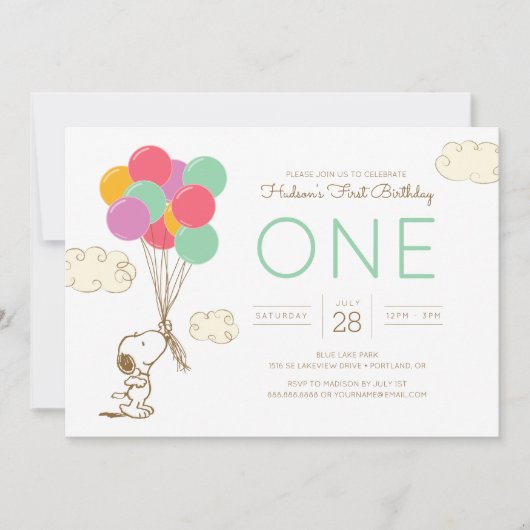 Snoopy and Balloons First Birthday Kaart (Voorkant)