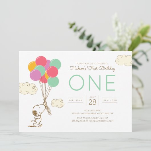 Snoopy and Balloons First Birthday Kaart (Staand voorkant)