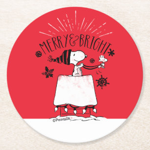 Snoopy and Woodstock - Merry & Bright Ronde Kartonnen Onderzetter