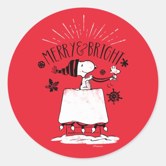 Snoopy and Woodstock - Merry & Bright Ronde Sticker (Voorkant)