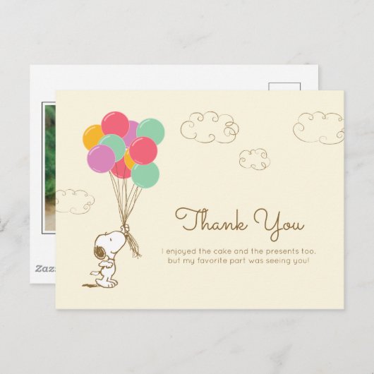 Snoopy en ballonnen Verjaardag | Dank u Briefkaart (Voorkant / Achterkant)