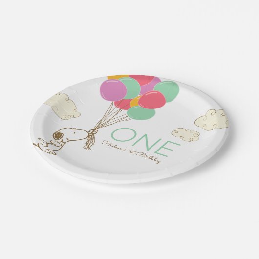 Snoopy en Balloons 1e verjaardag Papieren Bordje (Gekanteld)