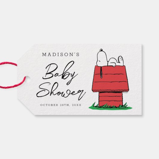 Snoopy en Hondenhok Baby Shower Cadeaulabel (Achterkant Horizontaal)