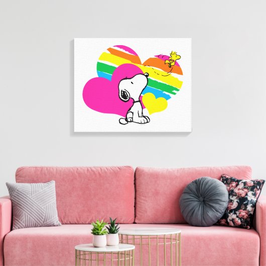 Snoopy en Woodstock | Rainboogharten Canvas Afdruk (Insitu (Woonkamer))