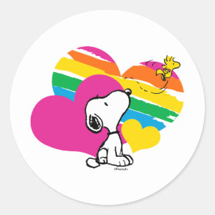 Snoopy en Woodstock   Rainboogharten Ronde Sticker