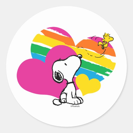 Snoopy en Woodstock | Rainboogharten Ronde Sticker (Voorkant)