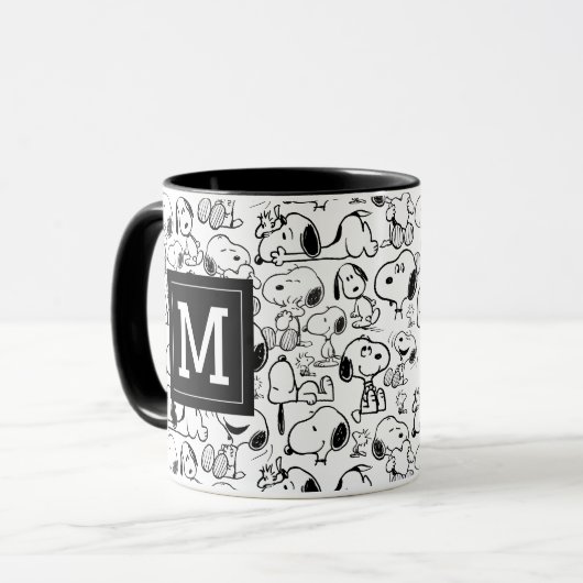 Snoopy Glimlach Giechelen Lach | Uw monogram toevo Mok (Voorkant links)