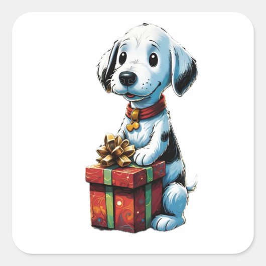 Snoopy hond met een doos geschenken vierkante sticker (Voorkant)