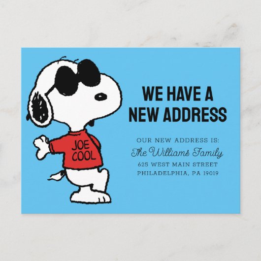 Snoopy "Joe Cool" | We hebben een nieuw adres Briefkaart (Voorkant)