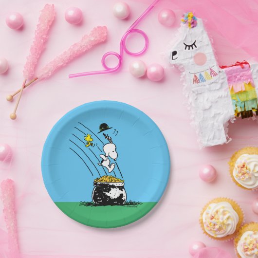 Snoopy Jumping in Pot of Gold Papieren Bordje (Feest)