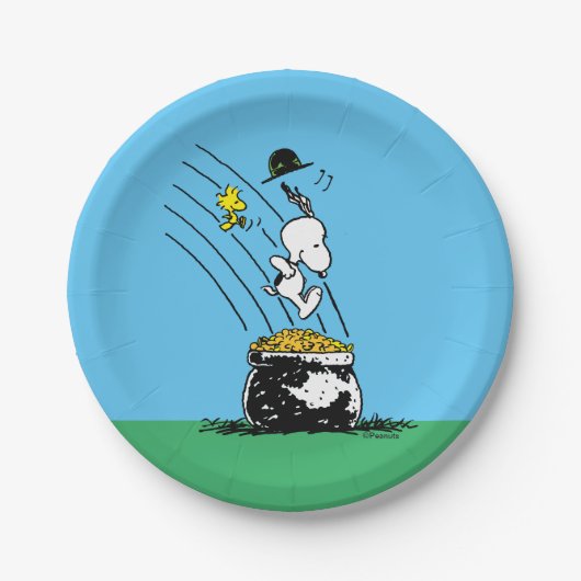 Snoopy Jumping in Pot of Gold Papieren Bordje (Voorkant)