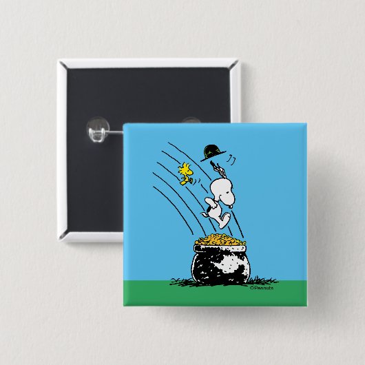 Snoopy Jumping in Pot of Gold Vierkante Button 5,1 Cm (Voorkant /achterkant)