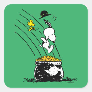 Snoopy Jumping in Pot of Gold Vierkante Sticker