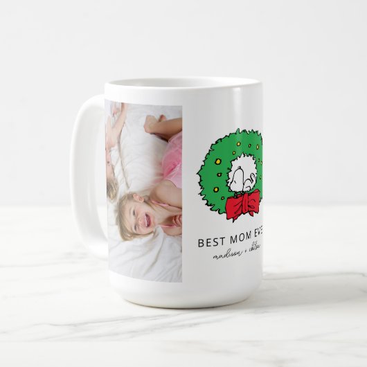 Snoopy Kerstkrans | Beste mam foto Koffiemok (Voorkant links)