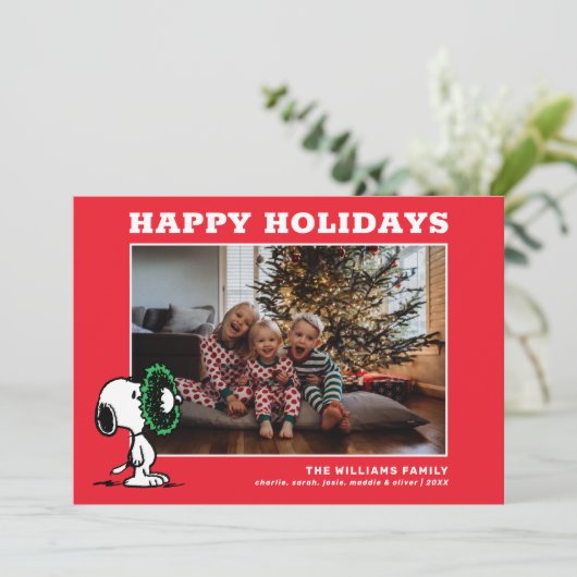 Snoopy Kerstmis Familie Foto Feestdagenkaart (Staand voorkant)