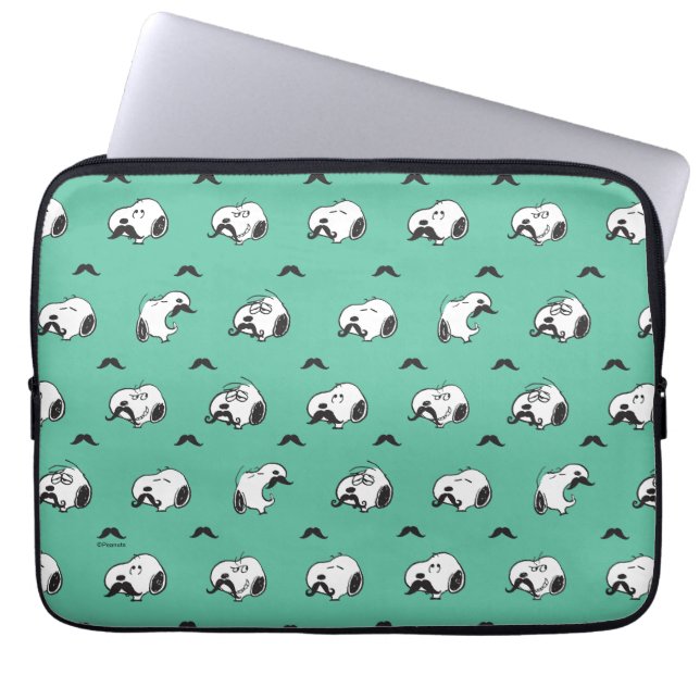 Snoopy Mustaches en Blauwgroen Patroon Laptop Sleeve (Voorkant)
