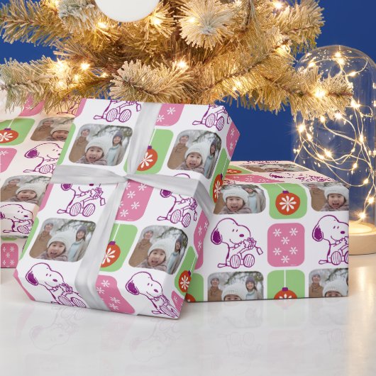 Snoopy Pastel Kerstmis | Foto van de familie Cadeaupapier (Feestdagen)