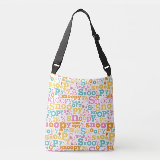 Snoopy Pastel Text Pattern Crossbody Tas (Voorkant)