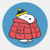 Snoopy Winter in Donsjas Ronde Sticker (Voorkant)