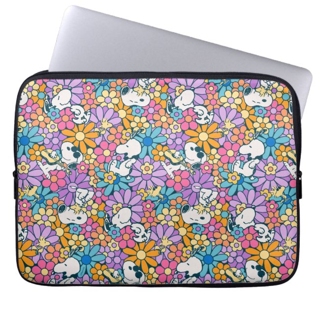 Snoopy & Woodstock Bloempatroon Laptop Sleeve (Voorkant)