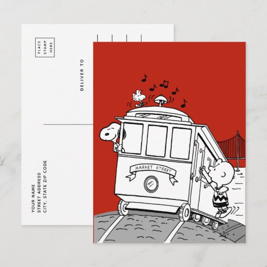 Snoopy, Woodstock, & Charlie Brown op een trolley Briefkaart (Voorkant / Achterkant)