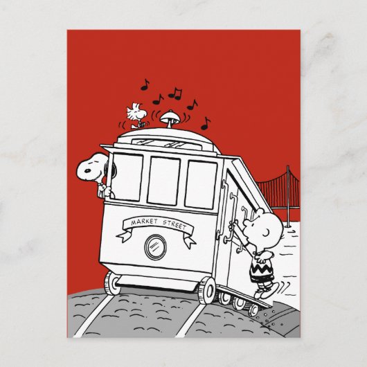 Snoopy, Woodstock, & Charlie Brown op een trolley Briefkaart (Voorkant)