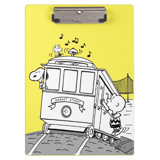 Snoopy, Woodstock, & Charlie Brown op een trolley Klembord (Voorkant)