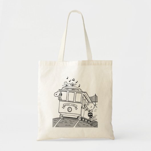 Snoopy, Woodstock, & Charlie Brown op een trolley Tote Bag (Voorkant)