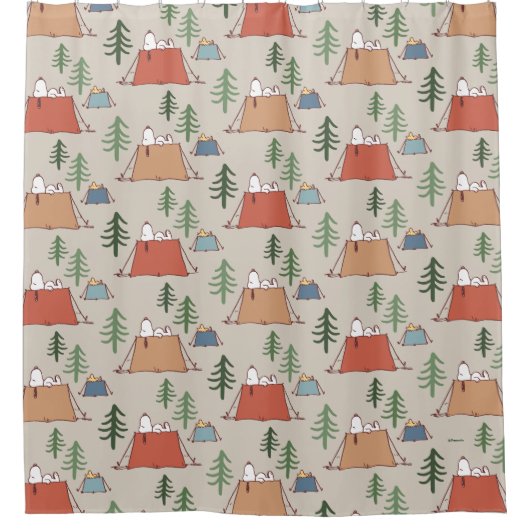 Snoopy & Woodstock Go Camping Pattern Douchegordijn (Voorkant)