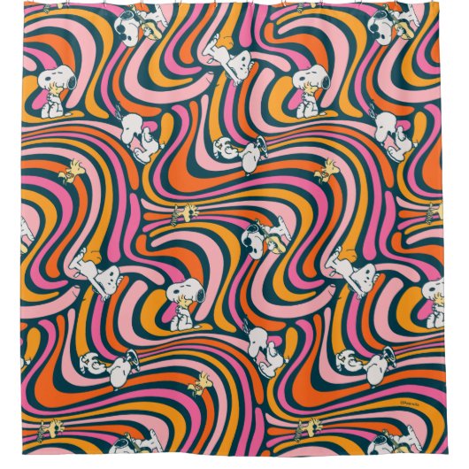 Snoopy & Woodstock Groovy Vibes Paarse Patroon Douchegordijn (Voorkant)